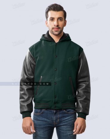 Dark Green Wool and Black Leather Sleeves Varsity Hoodie Dark Green Wool and Black Leather Sleeves Varsity Hoodie