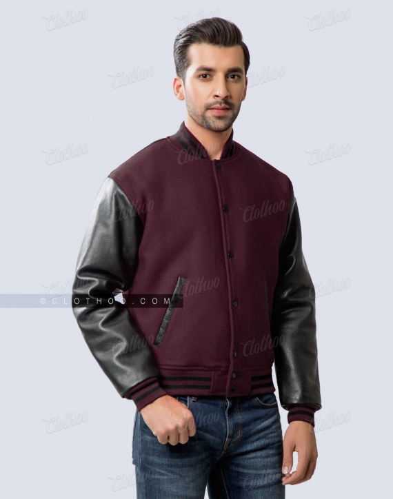 Maroon Wool Body Black Leather Sleeves Varsity Jacket