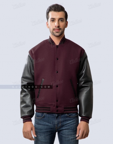 Maroon Wool and Black Leather Sleeves Varsity Jacket Maroon Wool and Black Leather Sleeves Varsity Jacket