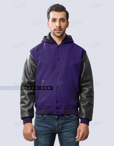 Dark Purple Wool and Black Leather Sleeves Varsity Hoodie Dark Purple Wool and Black Leather Sleeves Varsity Hoodie