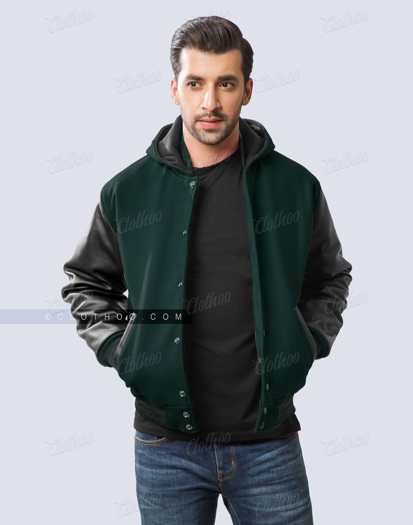 Dark Green Varsity Jacket with Hood Clothoo