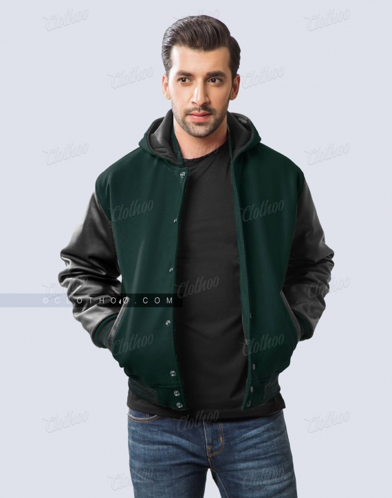 Dark Green Varsity Jacket with Hood
