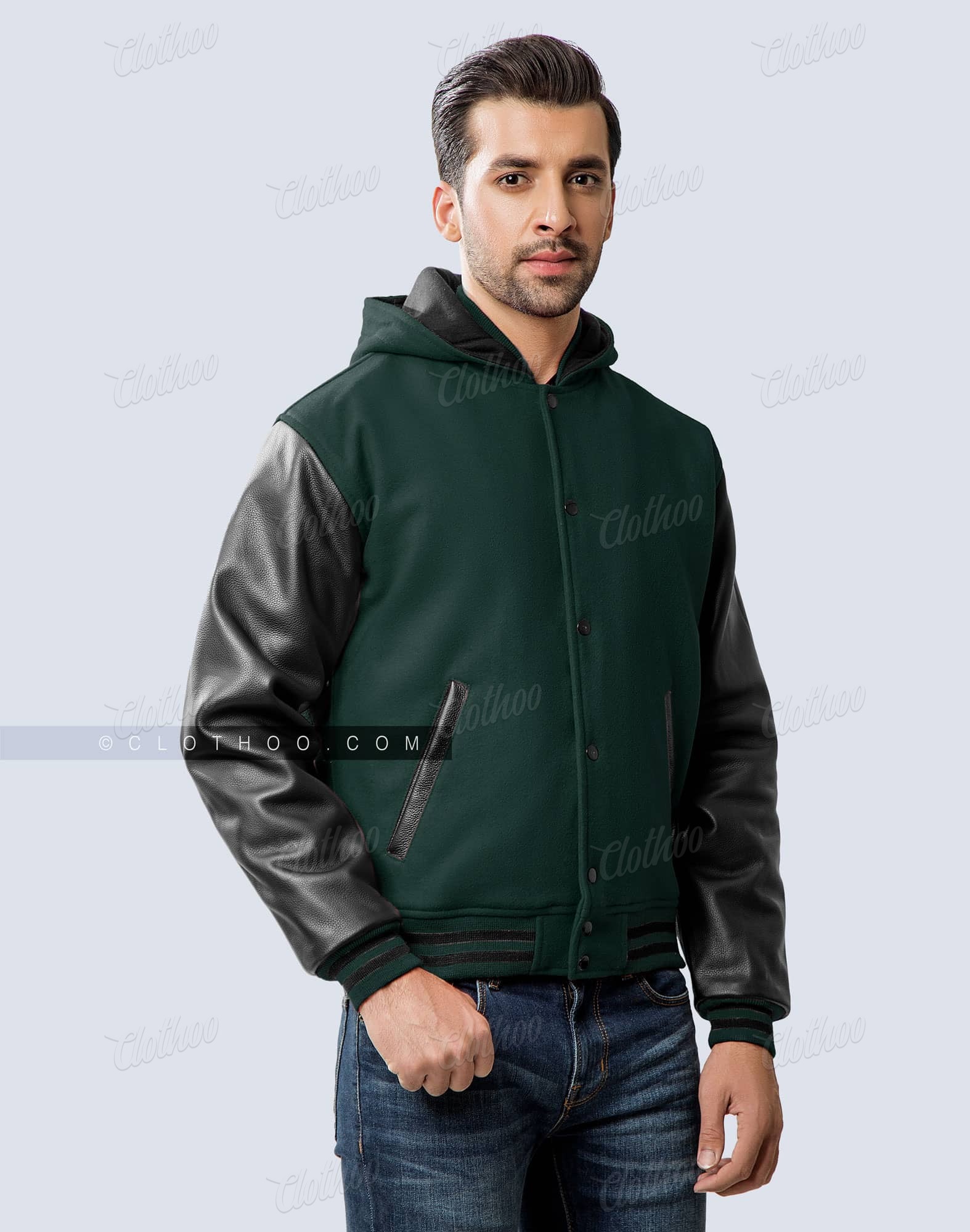Dark Green Varsity Jacket with Hood Clothoo