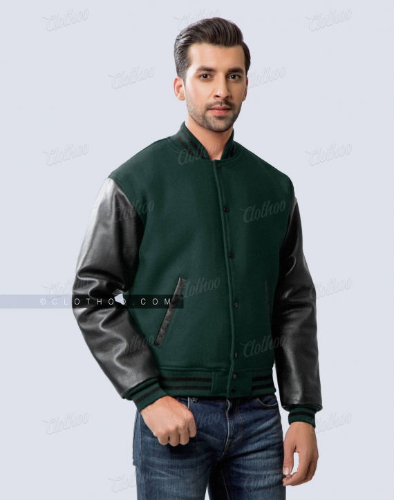 Deckra Sports Men’s Varsity Jacket Genuine Leather Sleeve and Wool Body All Black(Yellow Line) Large