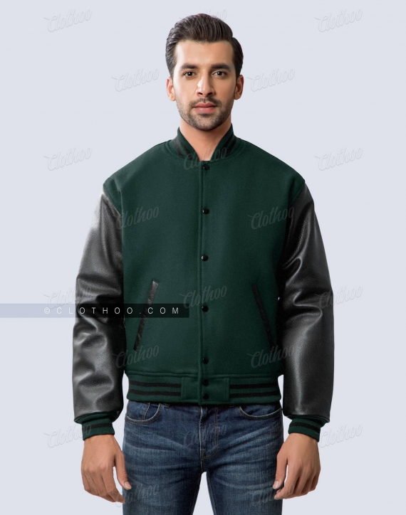 Dark Green Wool Body & Black Leather Sleeves Letterman Jacket Front