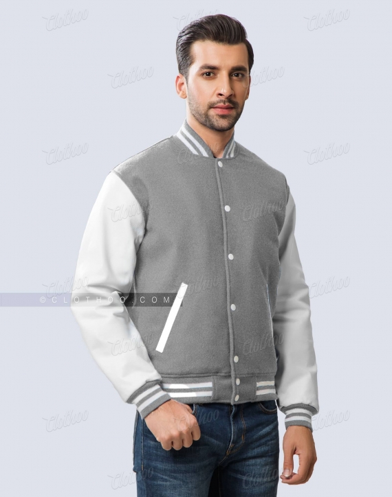 Light Grey Wool Body & White Leather Sleeves Varsity Jacket