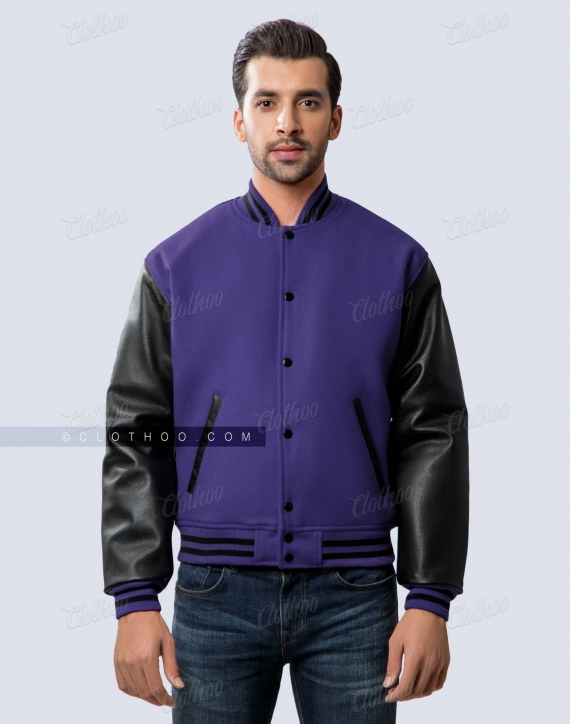 Dark purple wool body and black leather sleeves letterman jacket