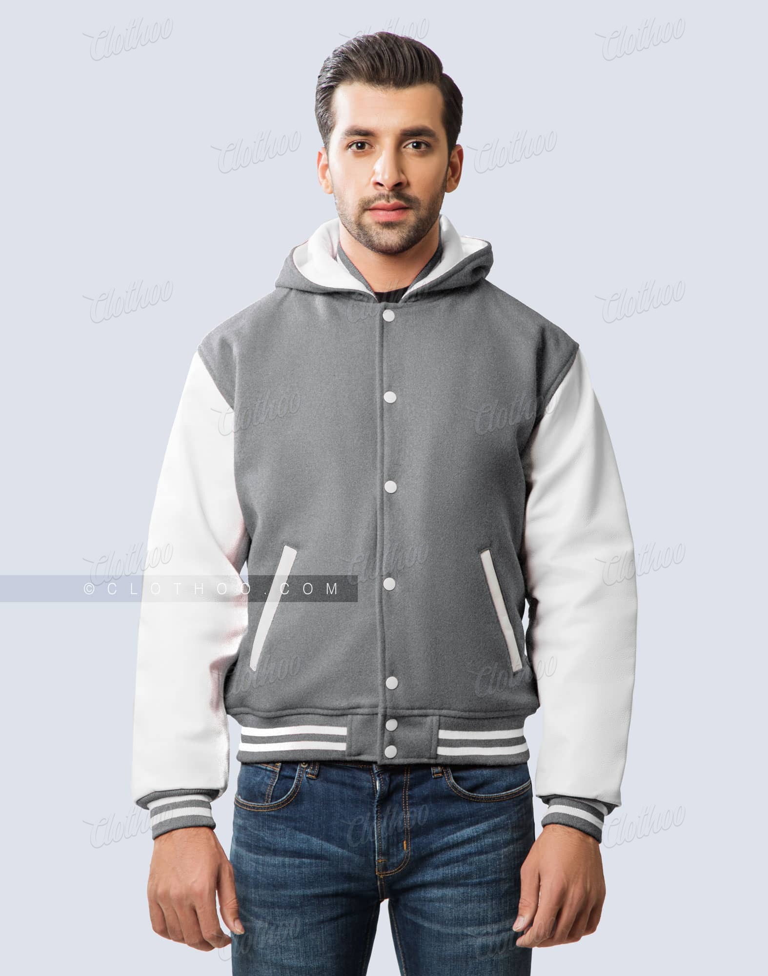 High School Hooded Varsity Jacket Light Grey Clothoo