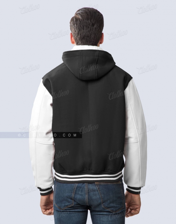 Black Hooded Varsity Jacket White Sleeves