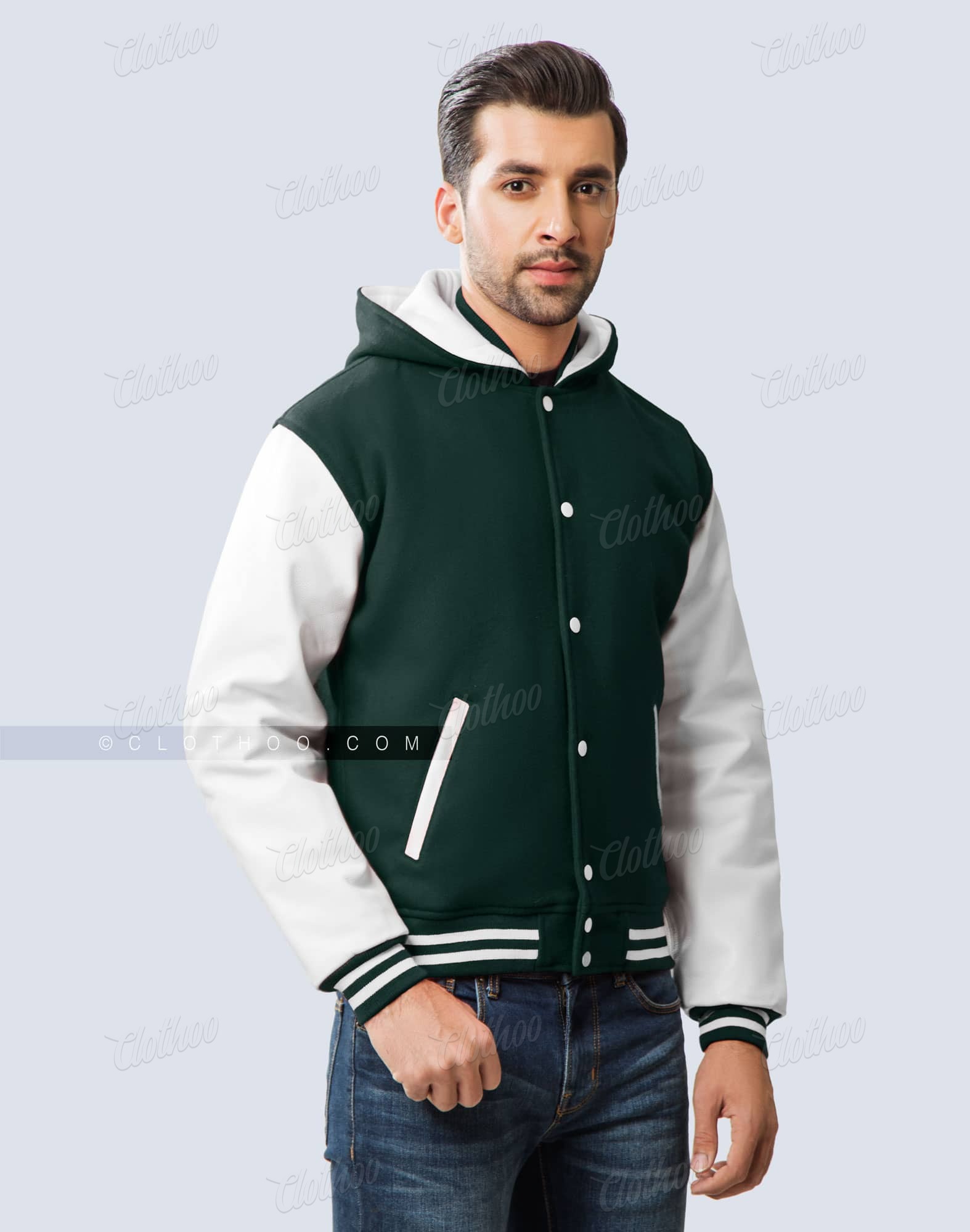 Hooded Varsity Jacket Mens in Forest Green Clothoo