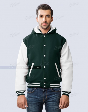 Green Wool and White Leather Sleeves Hooded Varsity Jacket Green Wool and White Leather Sleeves Hooded Varsity Jacket