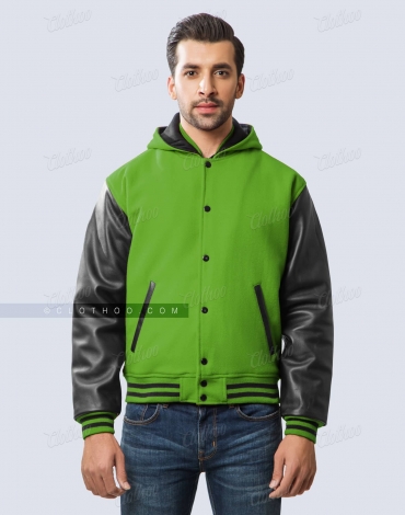 Kelly Green Wool and Black Leather Sleeves Hooded Letterman Jacket Kelly Green Wool and Black Leather Sleeves Hooded Letterman Jacket