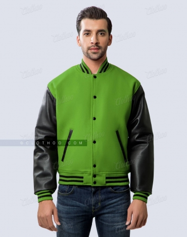 Kelly Green Wool and Black Faux Leather Sleeves Letterman Jacket Kelly Green Wool and Black Faux Leather Sleeves Letterman Jacket