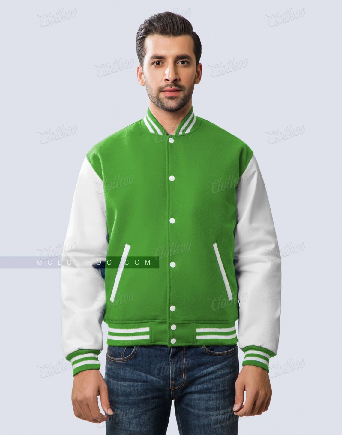 Kelly green varsity jacket with white leather sleeves front