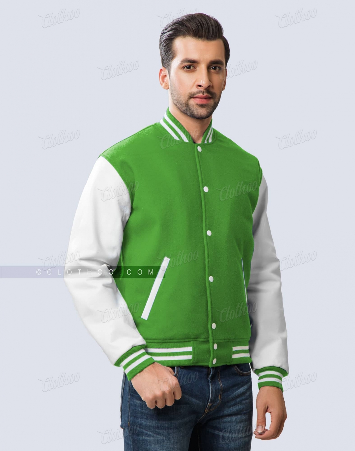 Kelly green varsity jacket with white leather sleeves side