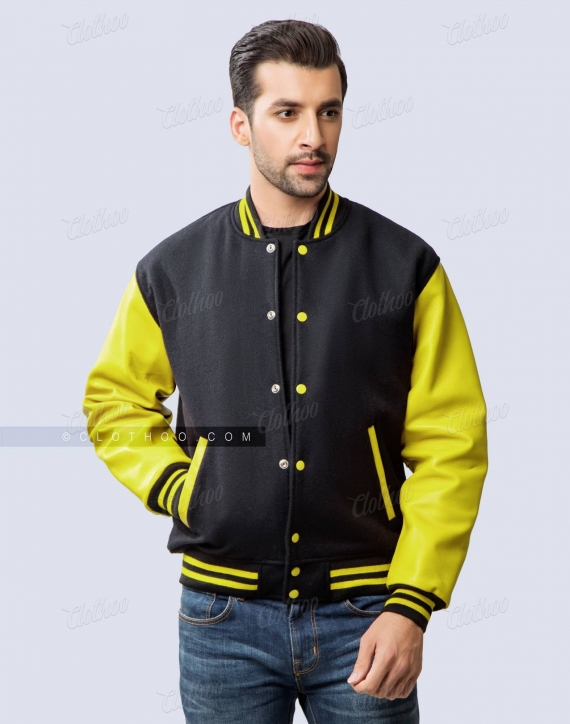 Yellow Black Varsity Wool Leather Bomber Jacket