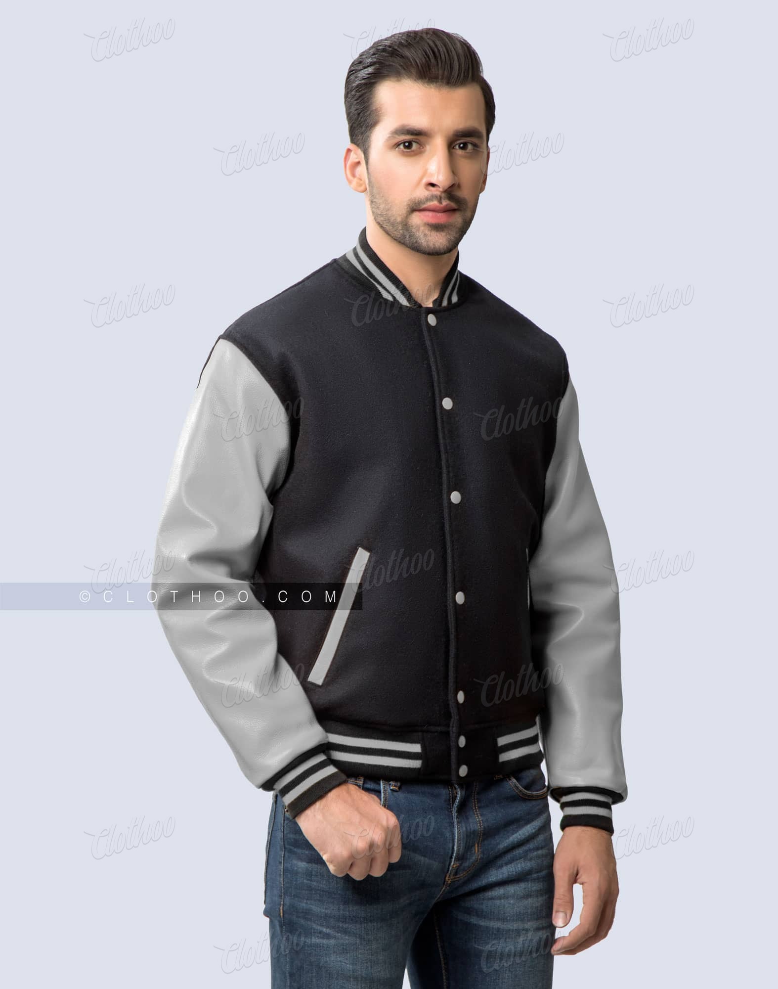 Black and Light Grey Leather Letterman Jacket | Clothoo