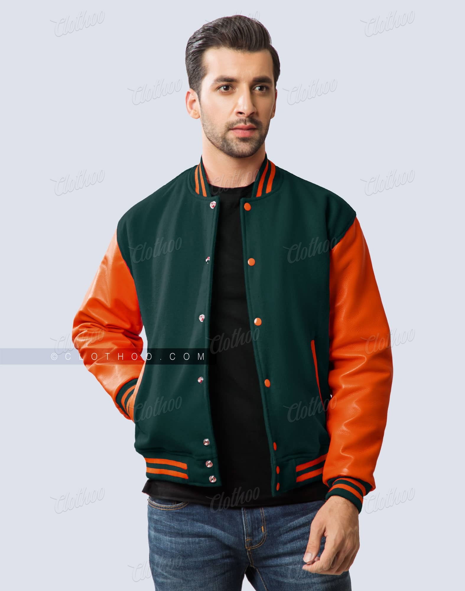 Miami Varsity Jacket Green Wool / Orange Leather | Clothoo