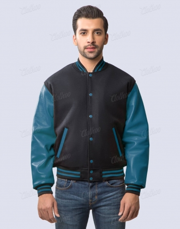 Black Wool and Teal Leather Sleeves Varsity Jacket Black Wool and Teal Leather Sleeves Varsity Jacket