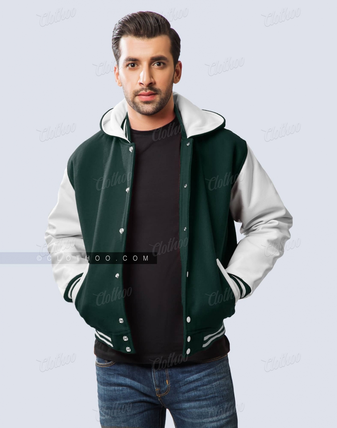 Hooded Varsity Jacket Mens Forest Green