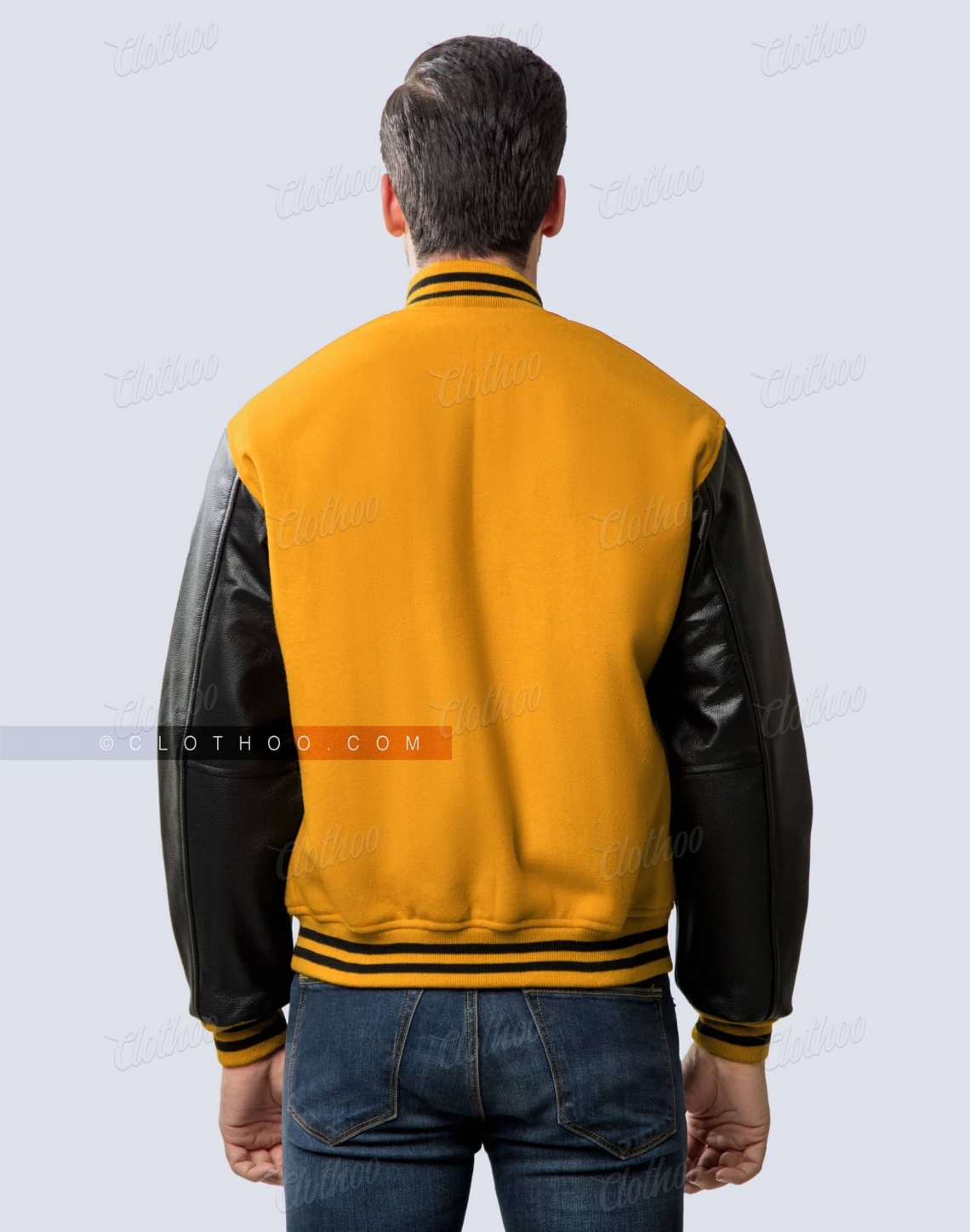 Athletic Gold Letterman Jacket with Black Leather Sleeves.