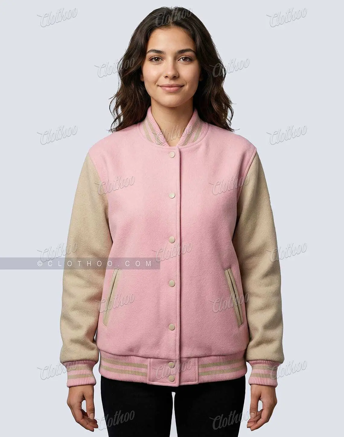 Baby Pink & Beige Wool Varsity Jacket for Women XS-6XL | Clothoo