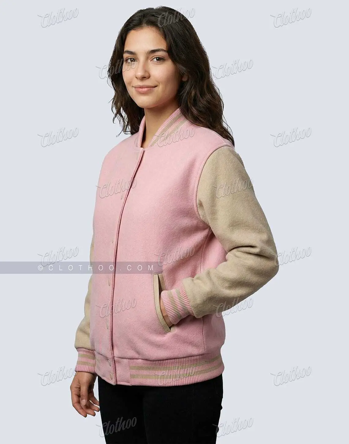 Baby Pink & Beige Wool Varsity Jacket for Women XS-6XL | Clothoo