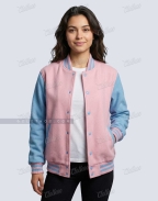 Woman wearing baby pink and sky blue wool varsity jacket open over a white T-shirt, casual front view