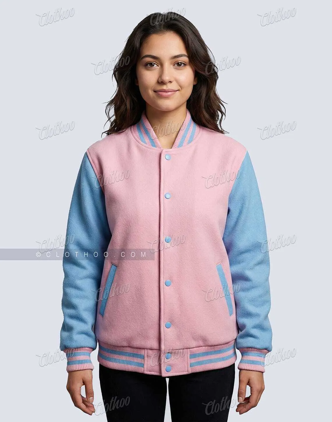 Baby Pink & Sky Blue Wool Varsity Jacket for Women | Clothoo