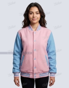 Front view of women’s baby pink and sky blue wool varsity jacket by Clothoo
