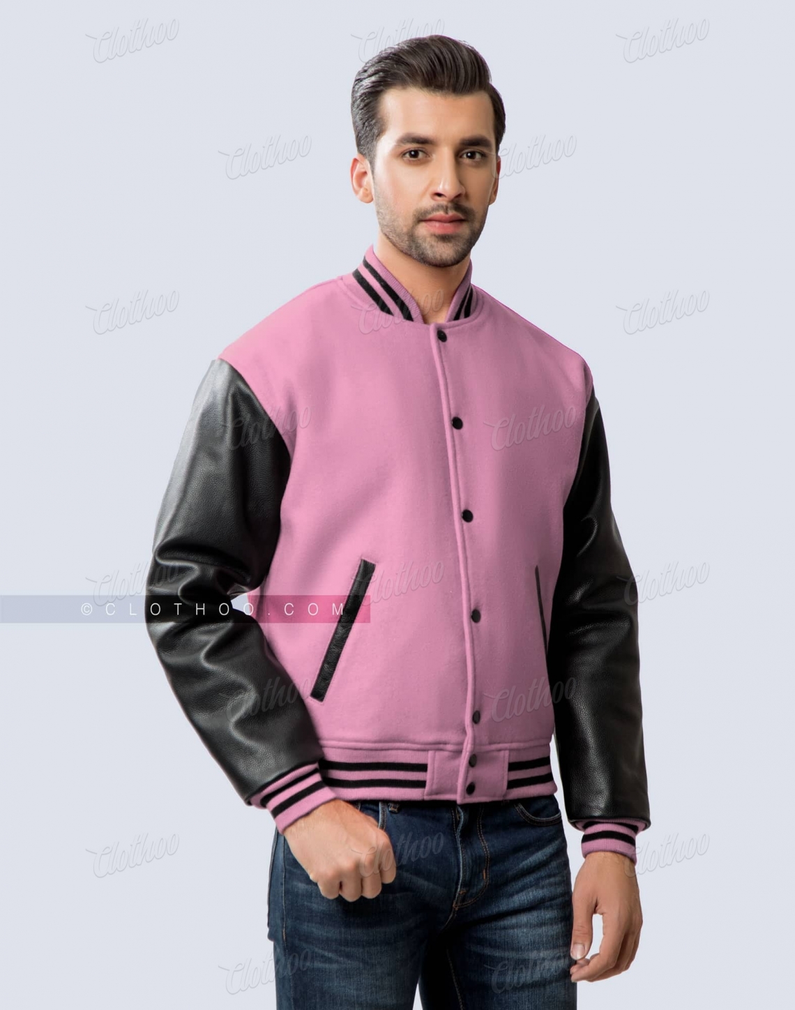 Women Pink Varsity Jacket Black Leather Sleeves