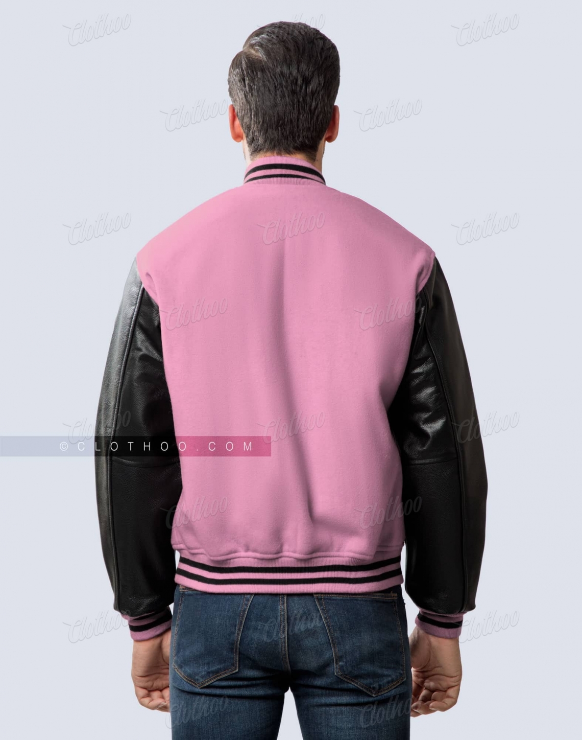 Women Pink Body and Black Leather Sleeves Varsity Jacket