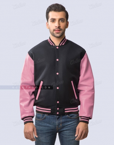 Black Wool and Pink Leather Sleeves Letterman Jacket Black Wool and Pink Leather Sleeves Letterman Jacket
