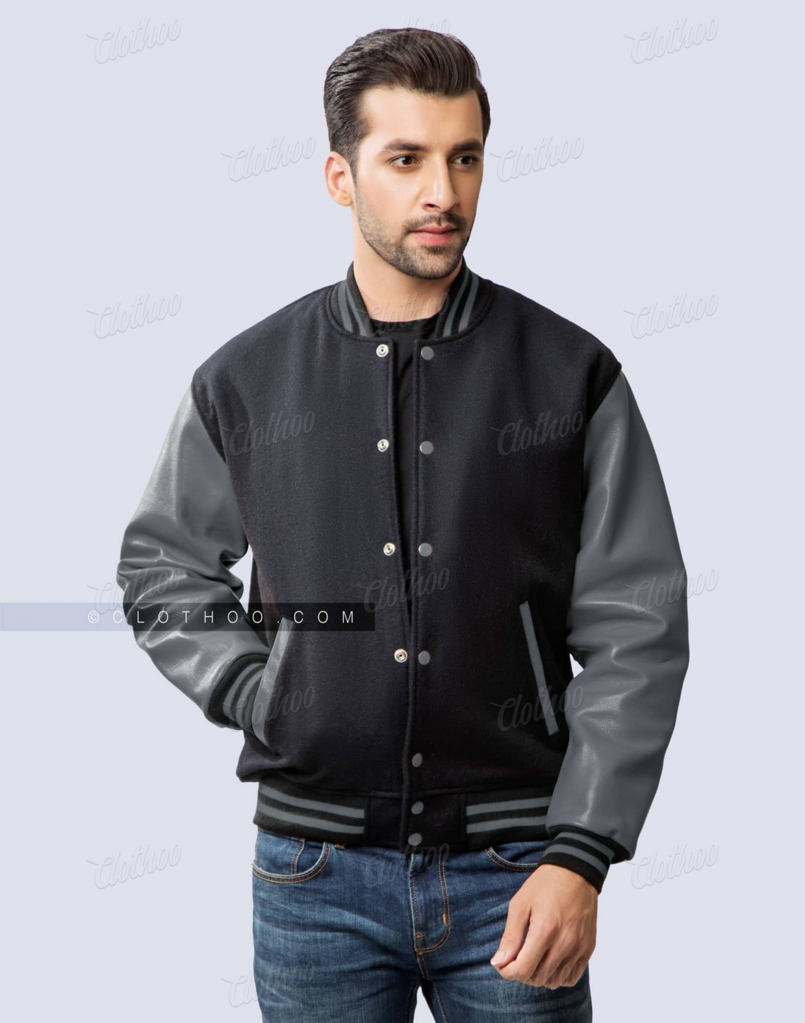 Black Wool Body Dark Grey Leather Sleeves Letterman Jacket