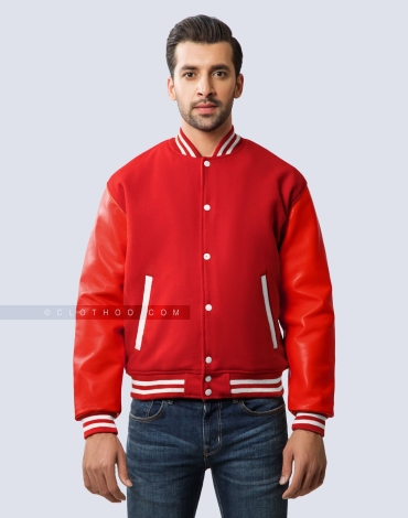 Red Wool and Red Leather Sleeves Letterman Jacket Red Wool and Red Leather Sleeves Letterman Jacket