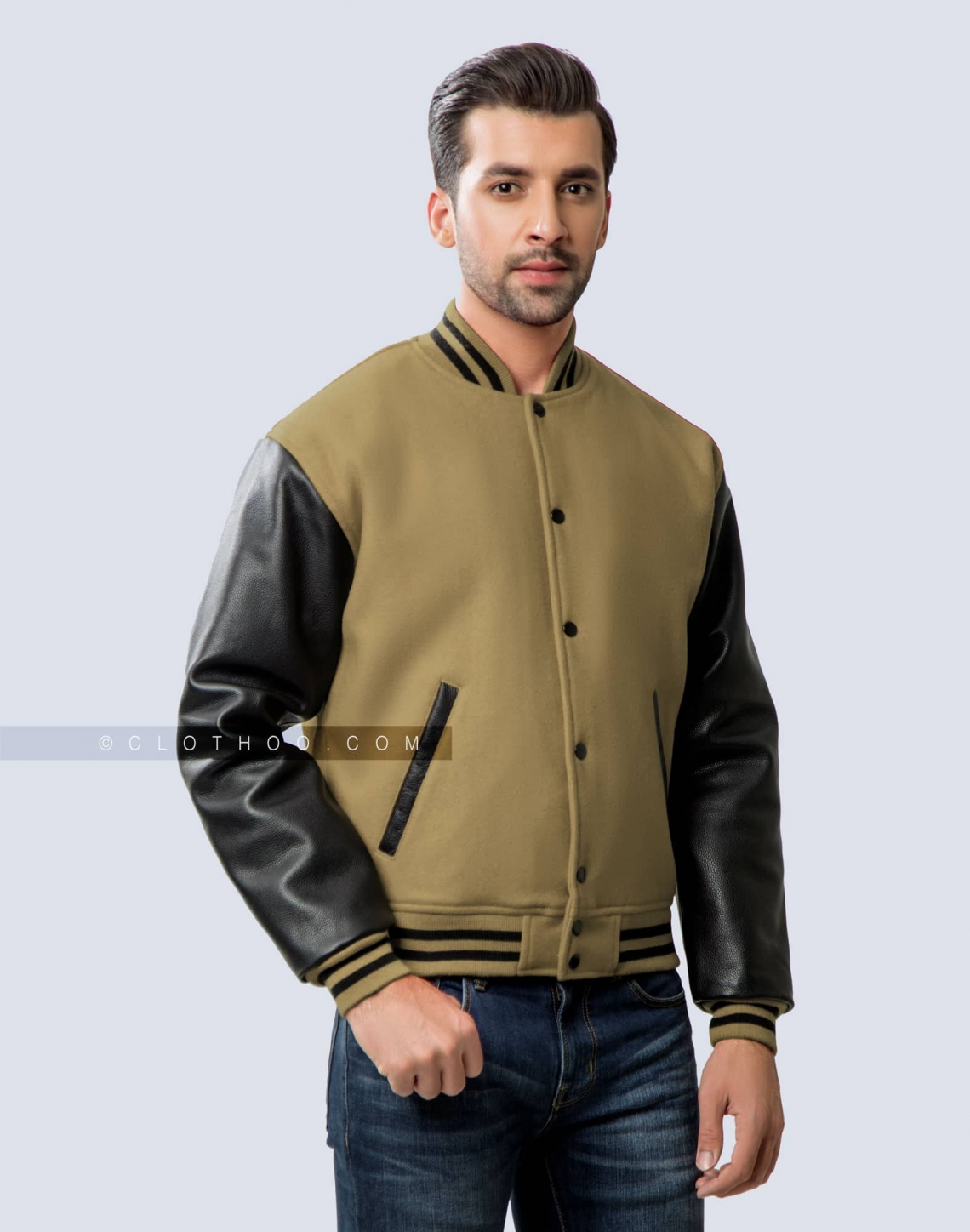 Camel Brown Wool Body Black Leather Sleeves Varsity Jacket