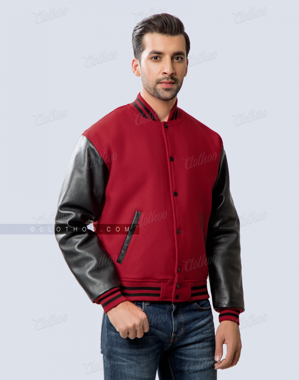 Letterman Jacket in Cardinal Wool Body & Black Leather Sleeves