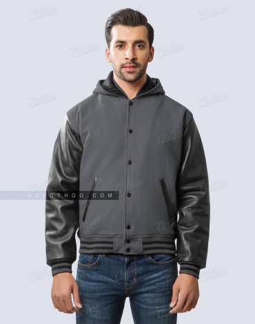 Dark Gray Wool and Black Leather Sleeves Varsity Jacket with Hood Dark Gray Wool and Black Leather Sleeves Varsity Jacket with Hood