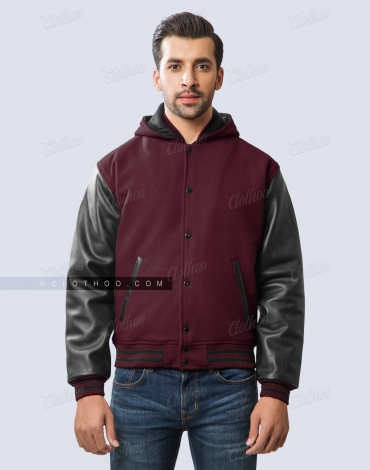Dark Maroon Wool and Black Leather Sleeves Hooded Letterman Jacket Dark Maroon Wool and Black Leather Sleeves Hooded Letterman Jacket