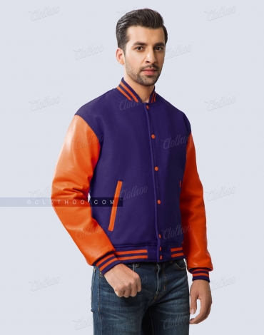 Dark Purple Wool Body Orange Leather Sleeves Varsity Jacket Dark Purple Wool Body Orange Leather Sleeves Varsity Jacket