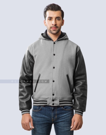Light Grey Wool and Black Leather Sleeves Varsity Hoodie Light Grey Wool and Black Leather Sleeves Varsity Hoodie