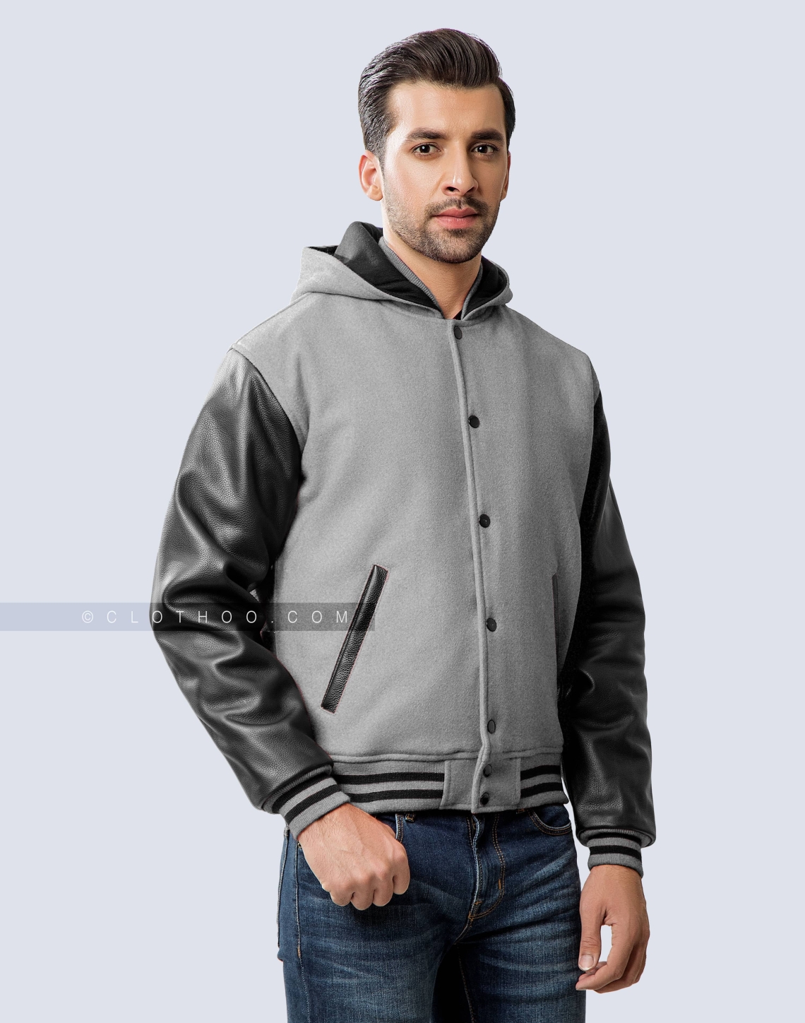 Grey Hooded Varsity Jacket