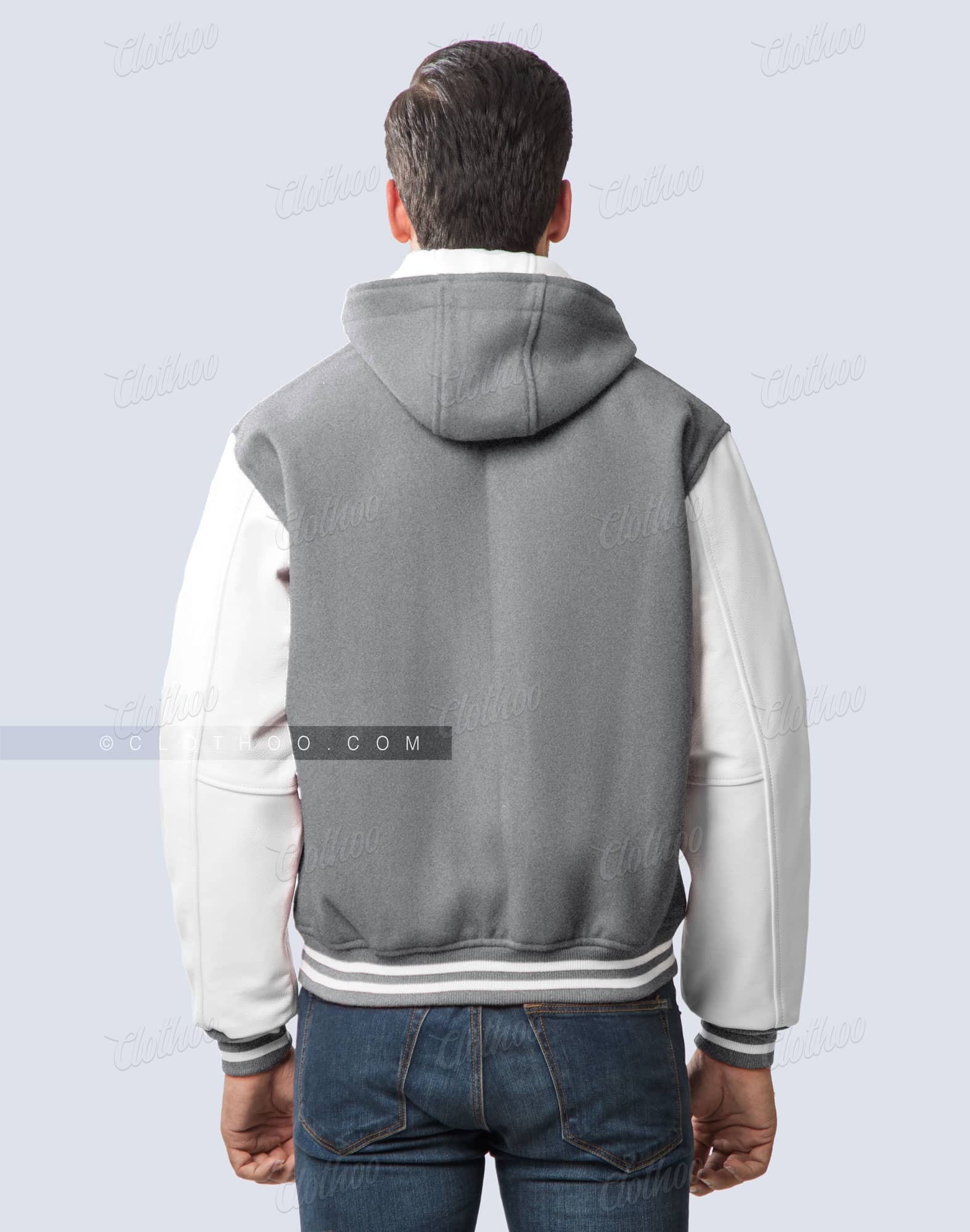 High School Hooded Varsity Jacket Light Grey Clothoo