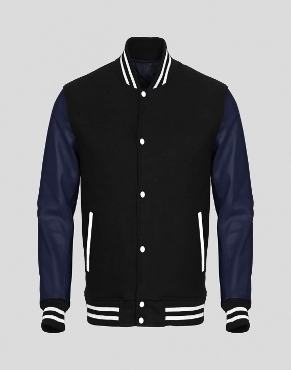 Navy Blue Faux Leather Sleeves Blackish Wool Varsity Jacket