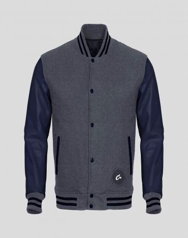 Navy Blue Faux Leather Sleeves White Wool Varsity Jacket