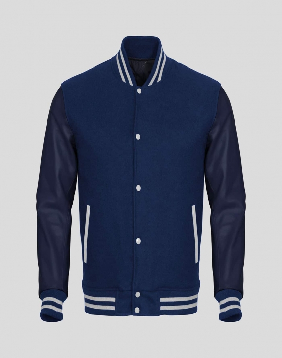 Navy Blue Faux Leather Sleeves Navy Blue Wool Varsity Jacket