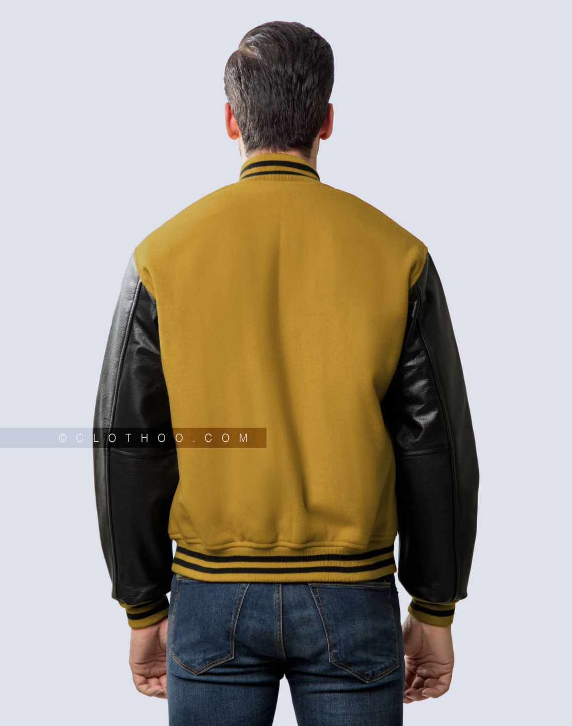 Old Gold Wool Body and Black Leather Sleeves Letterman Jacket back