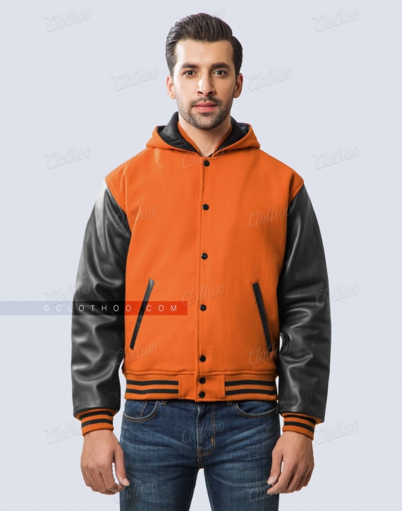 Orange Black Varsity Jacket With Hood