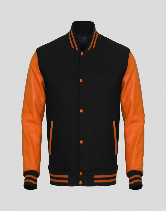 Orange Faux Leather Sleeves Black Wool Varsity Jacket