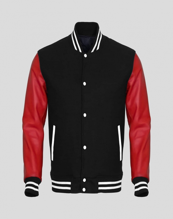 Red Faux Leather Sleeves Blackish Wool Varsity Jacket